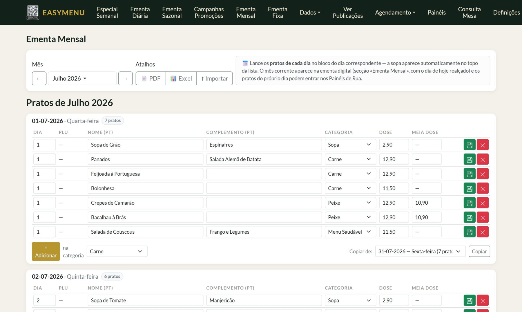 Backoffice — Ementa Mensal