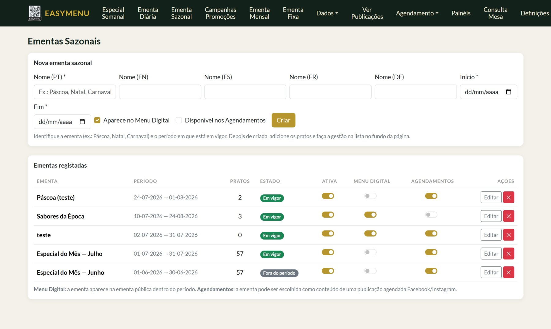 Backoffice — Ementas Sazonais