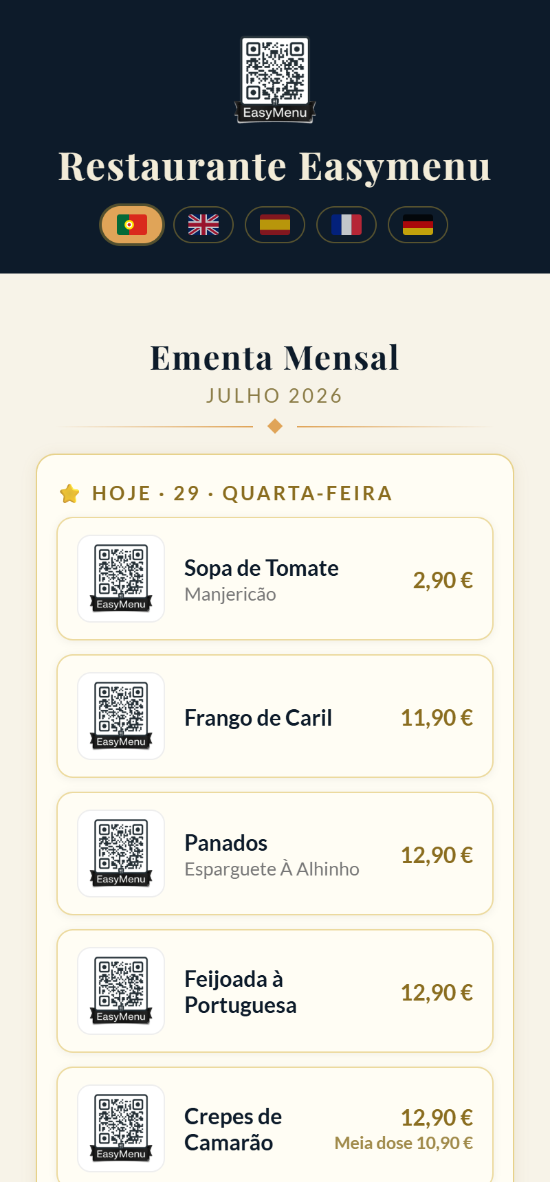 Ementa digital no telemóvel