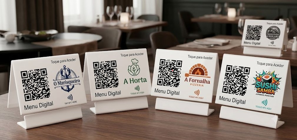Suportes de mesa brancos com QR code, NFC e logotipo do restaurante
