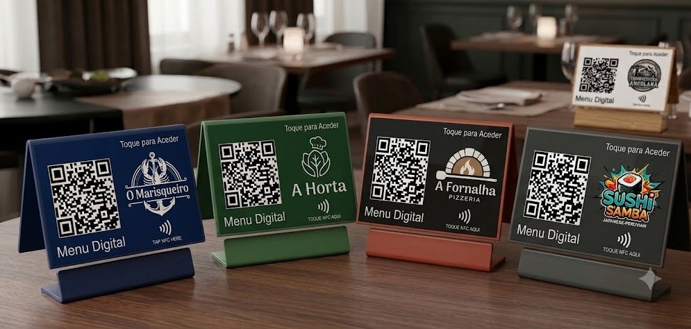 Suportes de mesa em várias cores com QR code, NFC e logotipo do restaurante